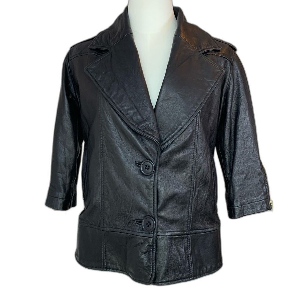 Mike & Chris Black Leather Jacket 3/4 Sleeve Wide Lapel Cropped Moto Size S